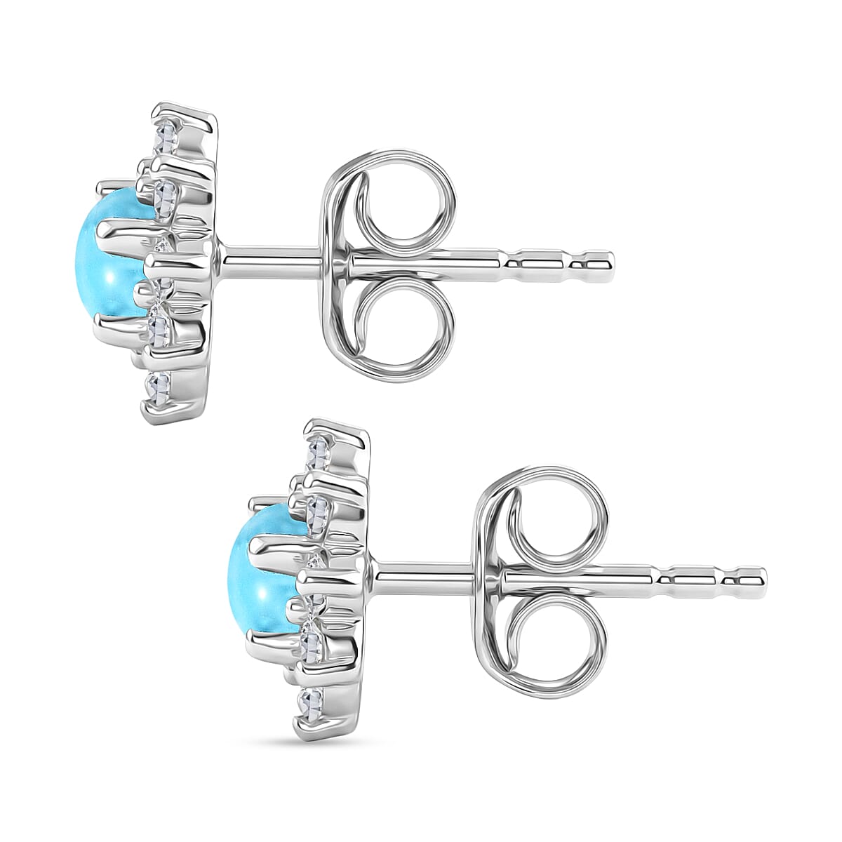 Sleeping Beauty Turquoise & White Zircon Cluster Halo Earring with Push Back in Platinum Overlay Sterling Silver 1.25 Ct.