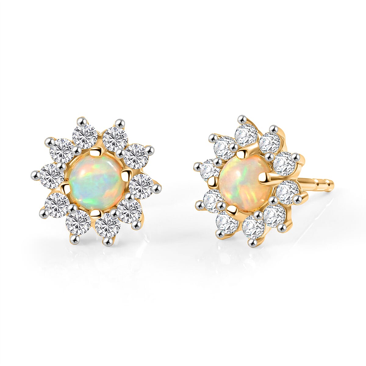 Ethiopian Opal & White Zircon Earring with Push Back in Yellow Gold Plated Sterling Silver 1.03 Ct.