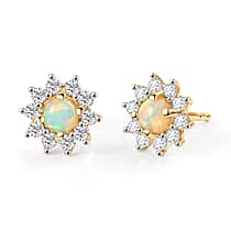 Ethiopian Opal & White Zircon Halo Earring with Push Back in Yellow Gold Plated Sterling Silver 1.03 Ct.