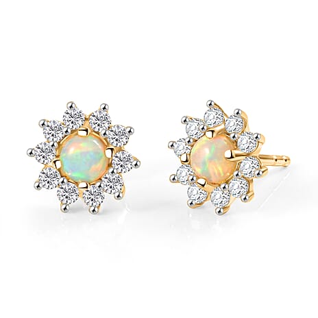 Ethiopian Opal & White Zircon Earring with Push Back in Yellow Gold Plated Sterling Silver 1.03 Ct.