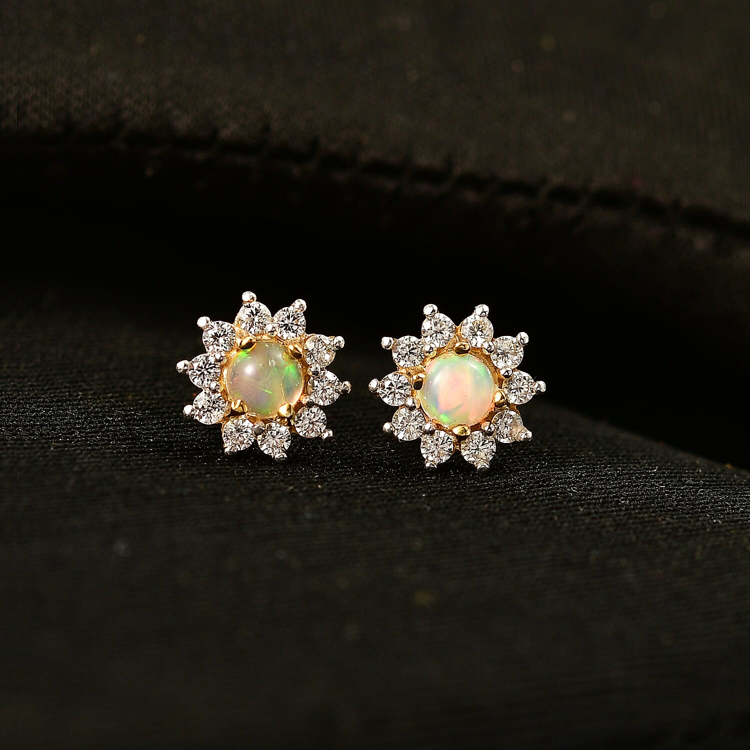 Ethiopian Opal & White Zircon Earring with Push Back in Yellow Gold Plated Sterling Silver 1.03 Ct.