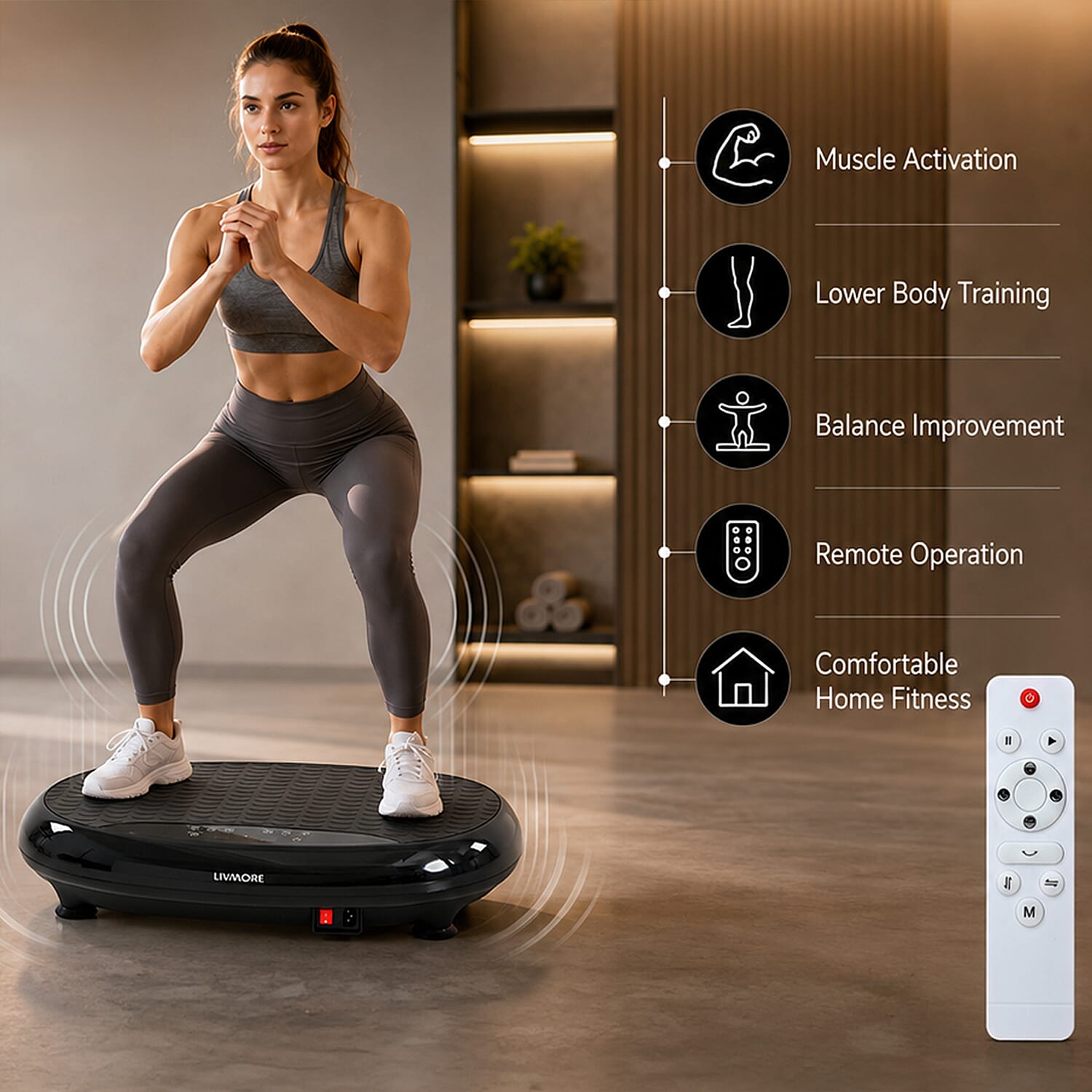 Livmore 3D Vibration Plate Black - Whole Body Shaker Exercise Machine Motor 150W, Power Plate 1-999 Speed Gear Adjustments Bluetooth Music Speaker