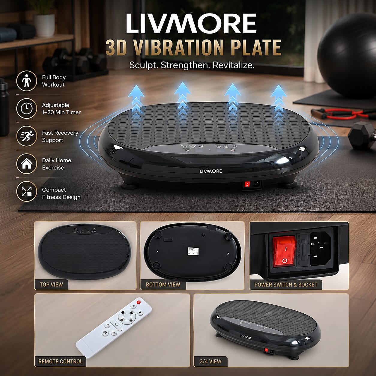 Livmore 3D Vibration Plate Black - Whole Body Shaker Exercise Machine Motor 150W, Power Plate 1-999 Speed Gear Adjustments Bluetooth Music Speaker