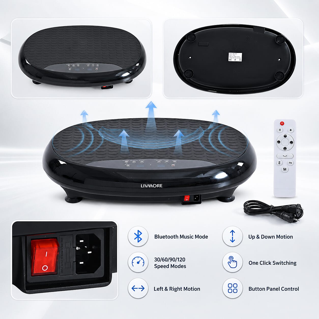 Livmore 3D Vibration Plate Black - Whole Body Shaker Exercise Machine Motor 150W, Power Plate 1-999 Speed Gear Adjustments Bluetooth Music Speaker