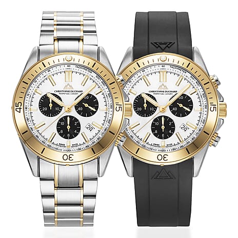 CHRISTOPHE DUCHAMP Stratos Swiss Quartz Chronograph 20ATM WR White Dial - Two-Tone Case Mens Watch with Stainless Steel Bracelet - Additional Silicon Strap
