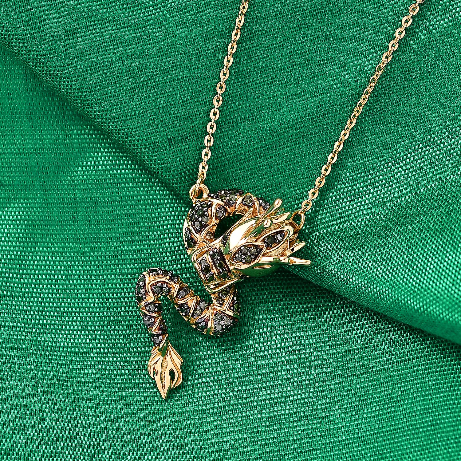 GP - Green & Black Diamond with Kanchanaburi Blue Sapphire Dragon Necklace (Size - 20) in 18K Vermeil Yellow Gold Plated Sterling Silver