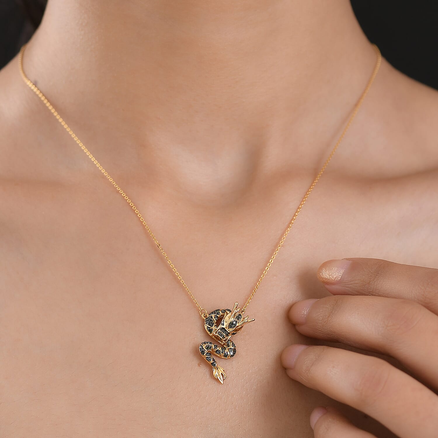 GP - Green & Black Diamond with Kanchanaburi Blue Sapphire Dragon Necklace (Size - 20) in 18K Vermeil Yellow Gold Plated Sterling Silver