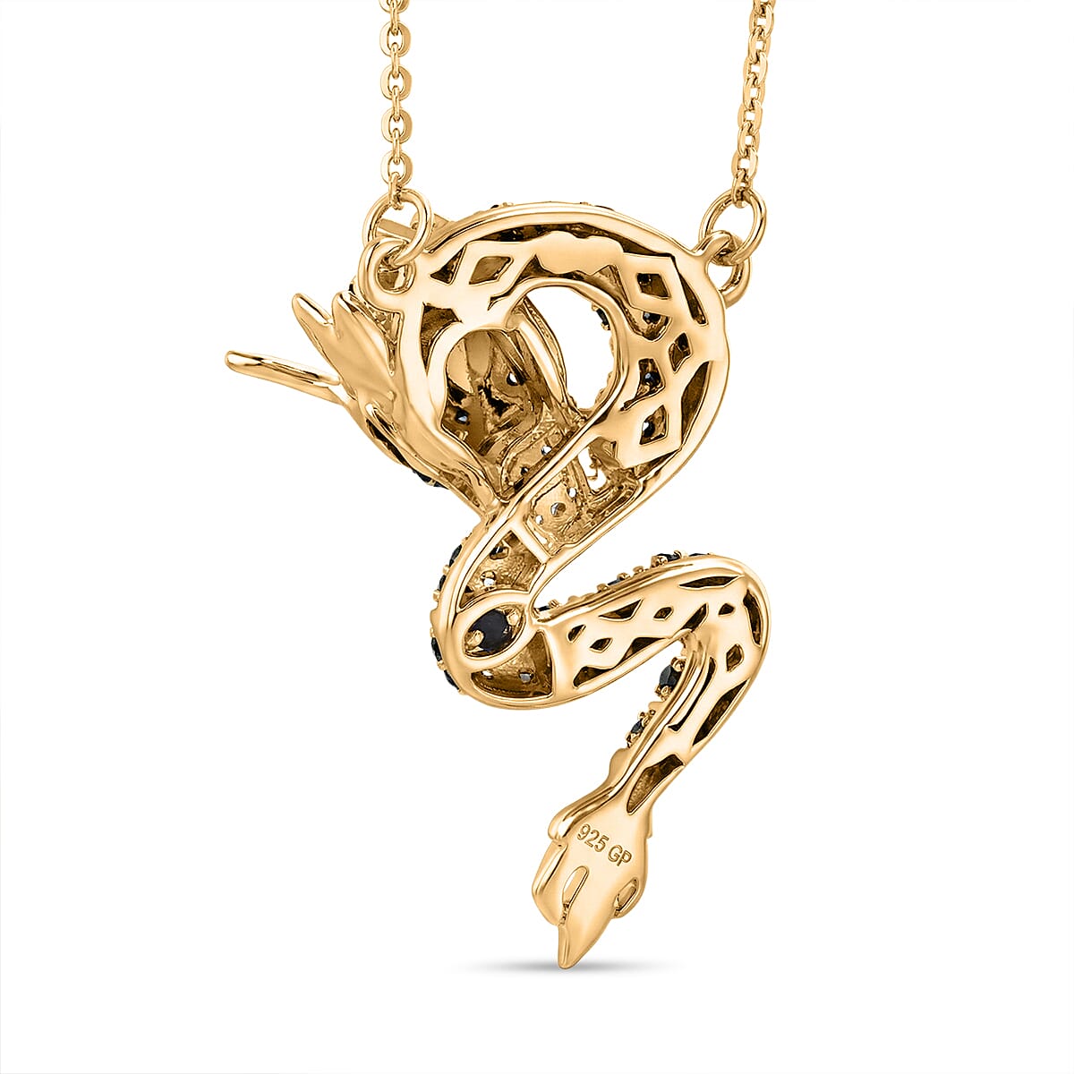 GP - Green & Black Diamond with Kanchanaburi Blue Sapphire Dragon Necklace (Size - 20) in 18K Vermeil Yellow Gold Plated Sterling Silver