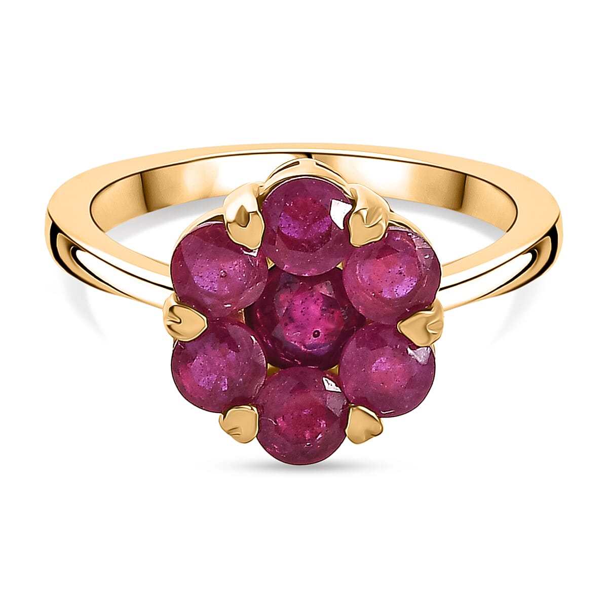 D'Joy African Ruby Cluster Floral Ring in 18K Vermeil Yellow Gold Plated Sterling Silver 2.08 Ct.