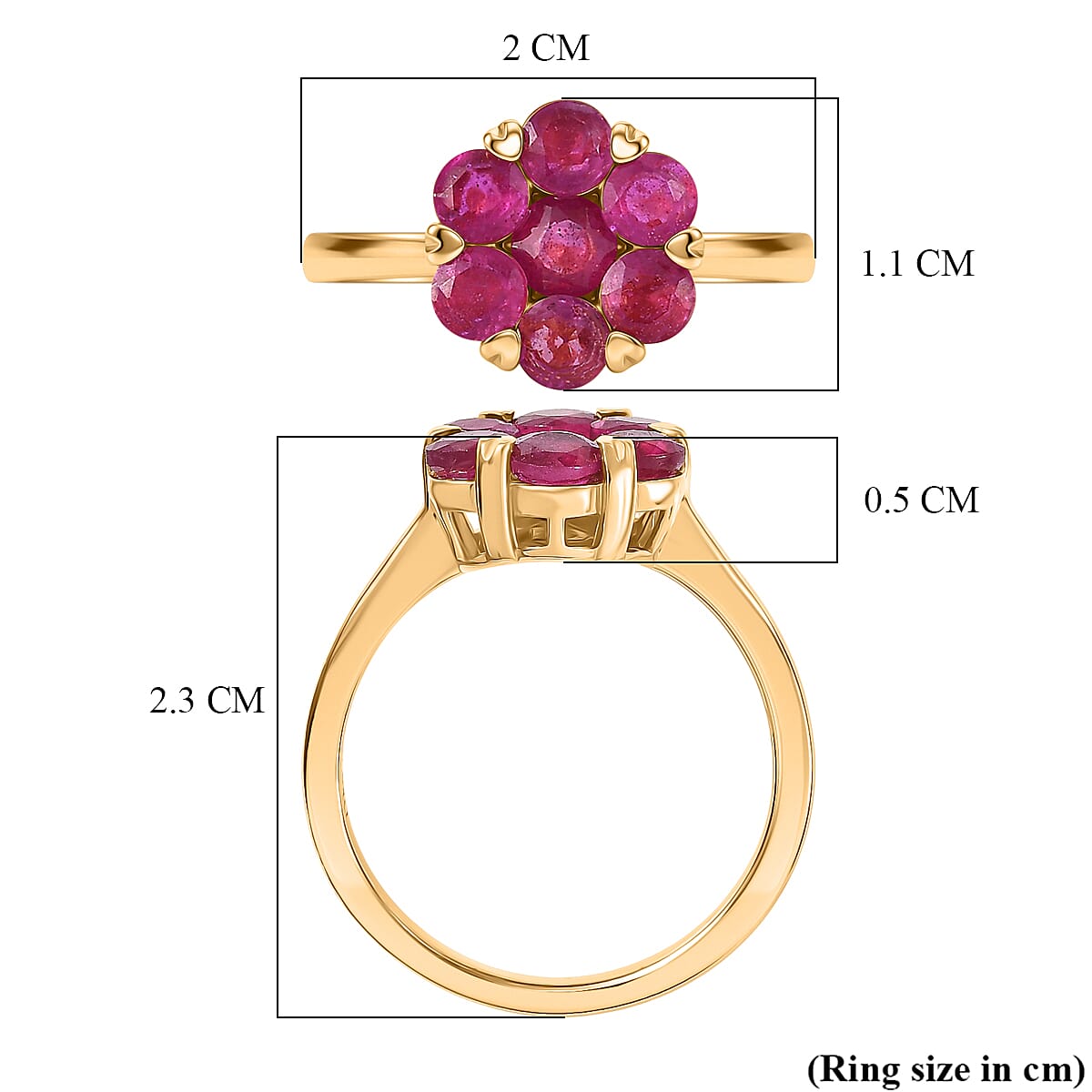 D'Joy African Ruby Cluster Floral Ring in 18K Vermeil Yellow Gold Plated Sterling Silver 2.08 Ct.
