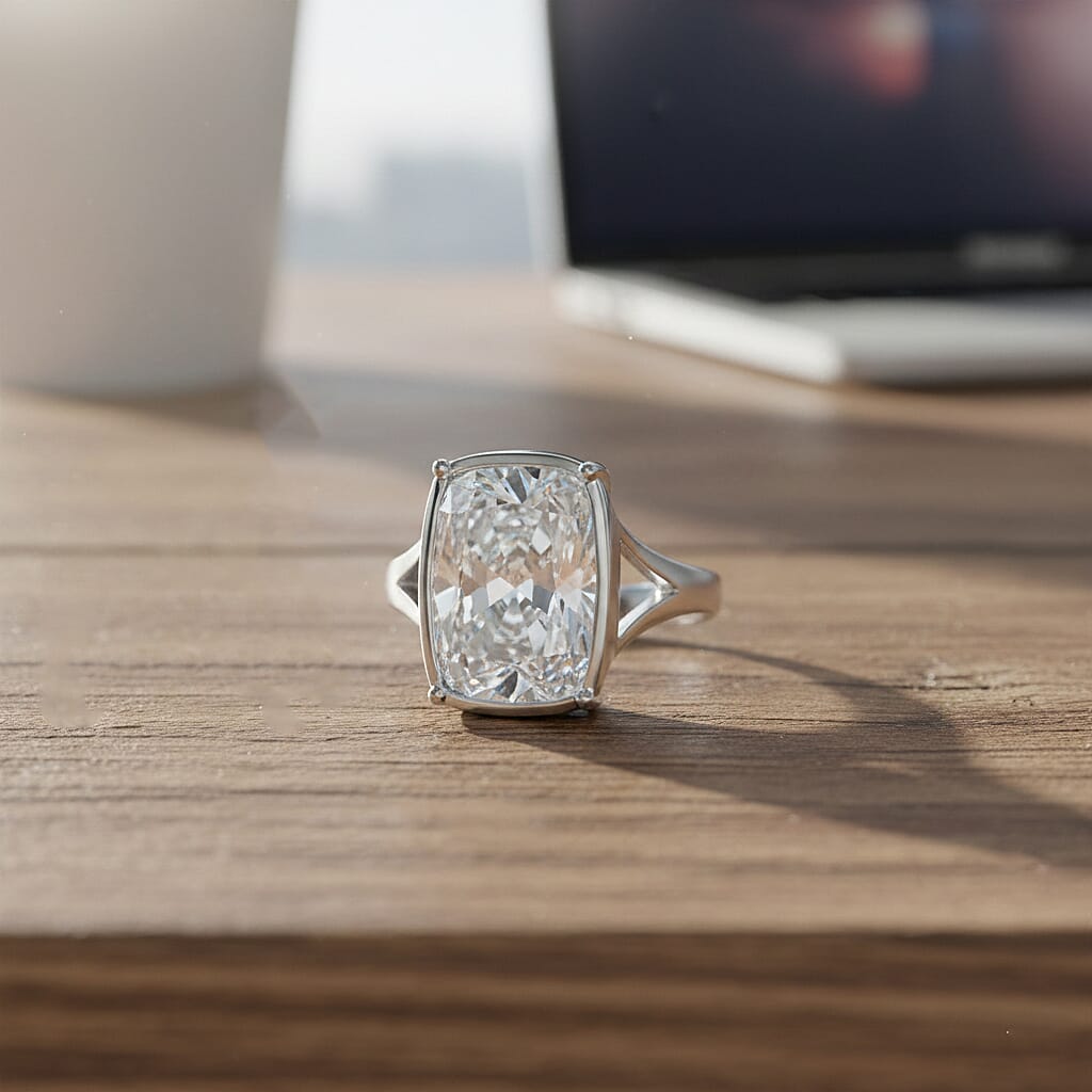 First Time Ever- Moissanite Old Mine Cushion Cut Solitaire Ring in Rhodium Overlay Sterling Silver 10.00 Ct.
