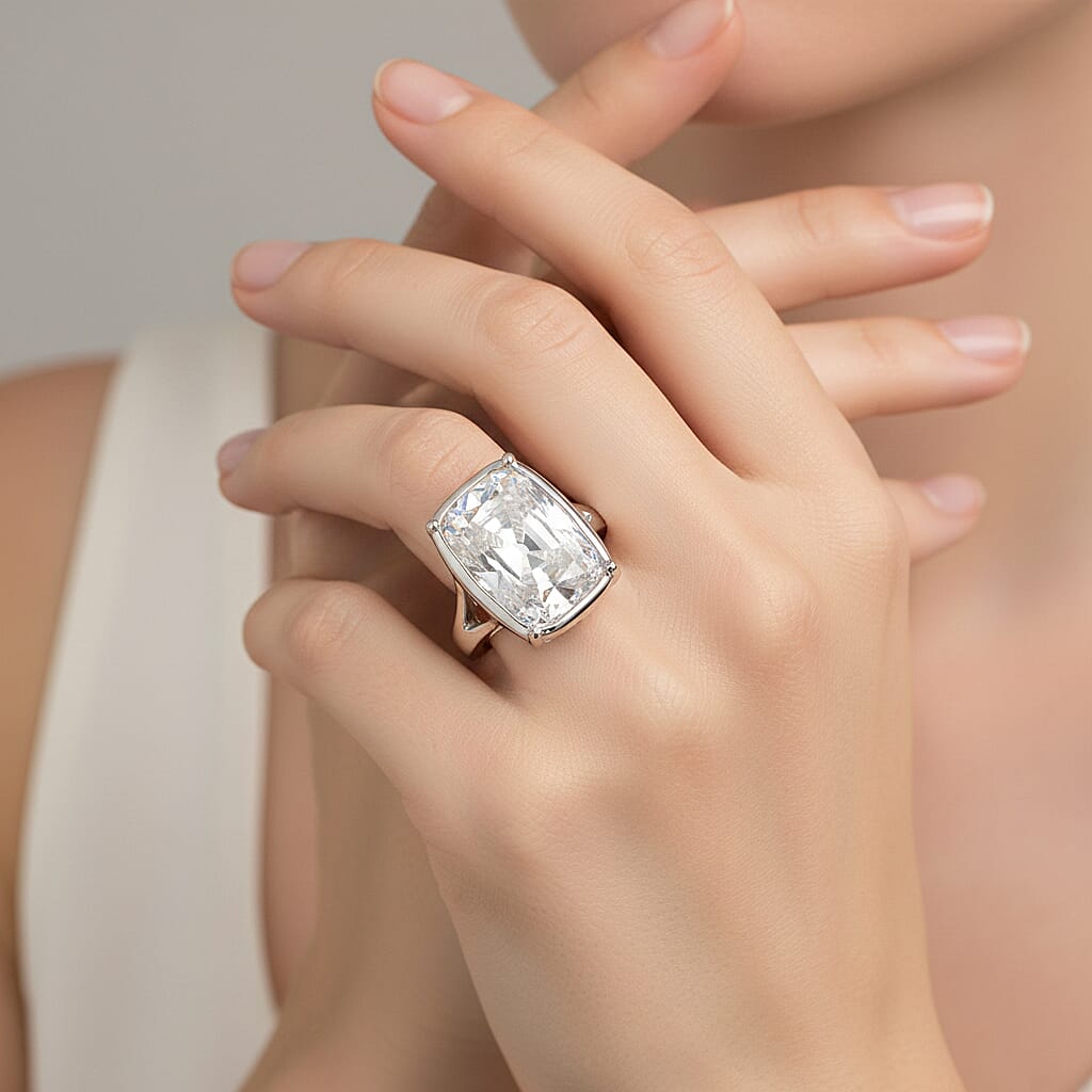 First Time Ever- Moissanite Old Mine Cushion Cut Solitaire Ring in Rhodium Overlay Sterling Silver 10.00 Ct.