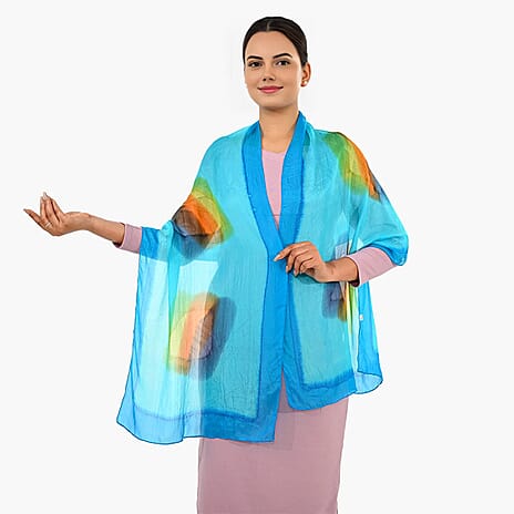 Valissiere 100% Pure Mulberry Silk Abstract Print Scarf (180 x 50cm)  - Blue