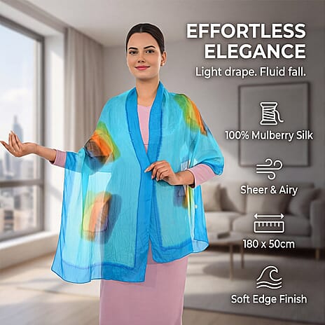 Valissiere 100% Pure Mulberry Silk Abstract Print Scarf (180 x 50cm)  - Blue