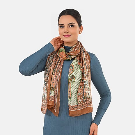 Valissiere 100% Pure Silk Elephant Print Scarf (100 x 100cm) - Brown