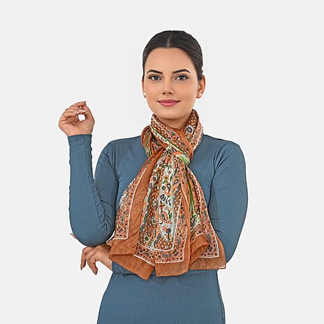 Valissiere 100% Pure Silk Elephant Print Scarf (100 x 100cm) - Brown