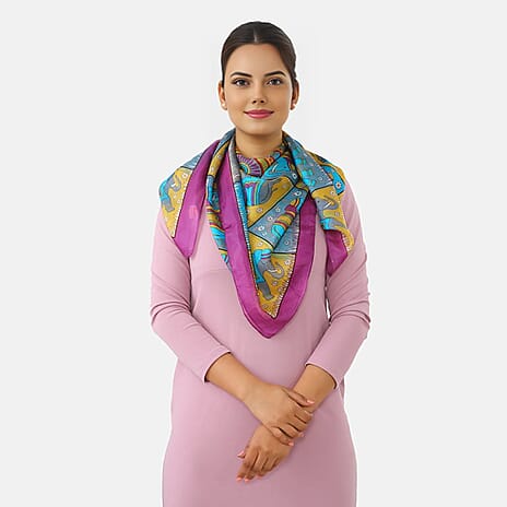 Valissiere 100% Pure Silk Elephant Print Scarf (100 x 100cm) - Purple