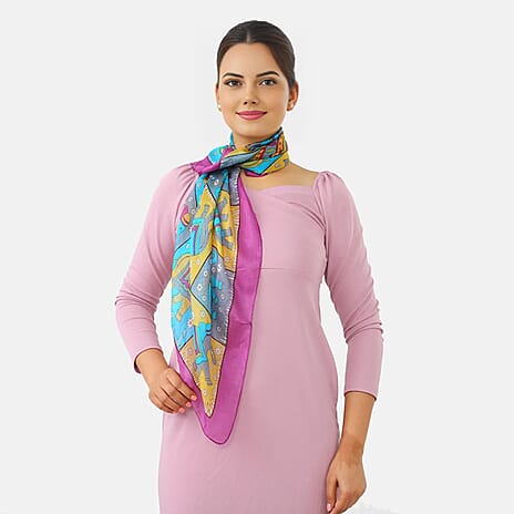 Valissiere 100% Pure Silk Elephant Print Scarf (100 x 100cm) - Purple