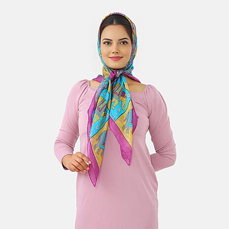 Valissiere 100% Pure Silk Elephant Print Scarf (100 x 100cm) - Purple