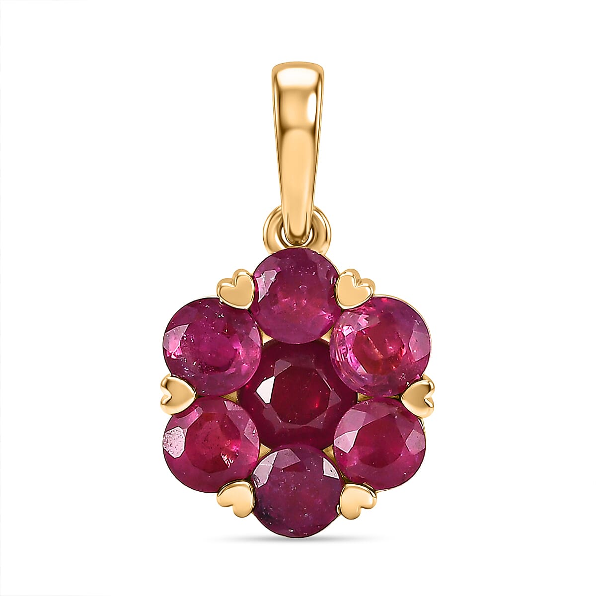 D'Joy African Ruby Cluster Floral Pendant in 18K Vermeil Yellow Gold Plated Sterling Silver 2.21 Ct.