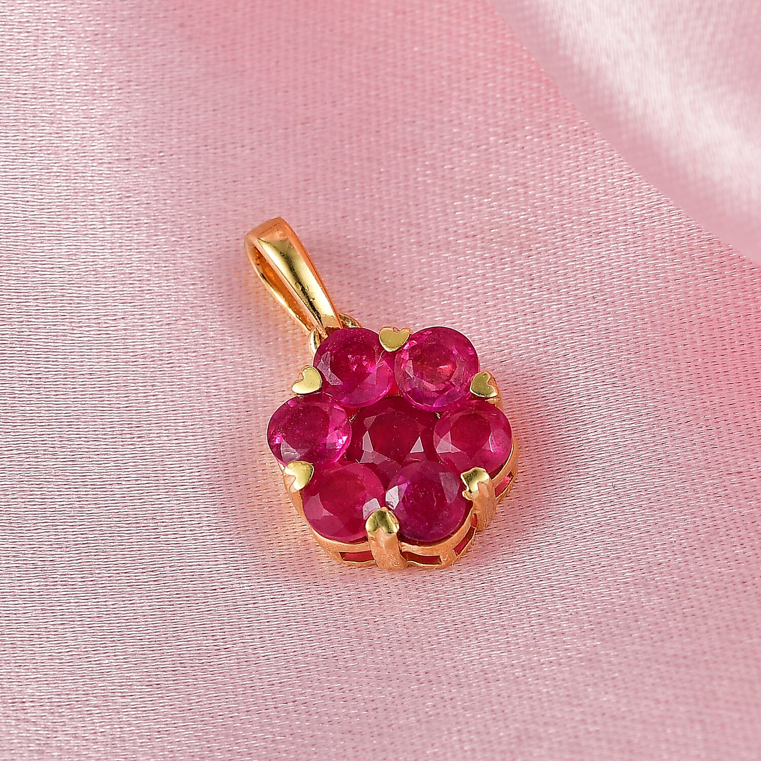 D'Joy African Ruby Cluster Floral Pendant in 18K Vermeil Yellow Gold Plated Sterling Silver 2.21 Ct.
