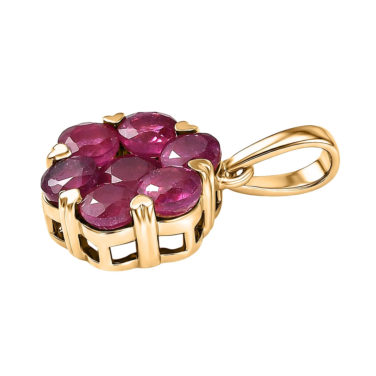 D'Joy African Ruby Cluster Floral Pendant in 18K Vermeil Yellow Gold Plated Sterling Silver 2.21 Ct.