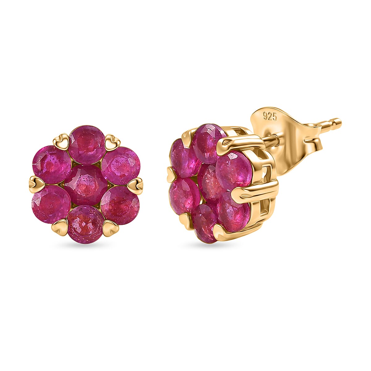 D'Joy African Ruby Cluster Floral Earring with Push Back in 18K Vermeil Yellow Gold Plated Sterling Silver 3.00 Ct.