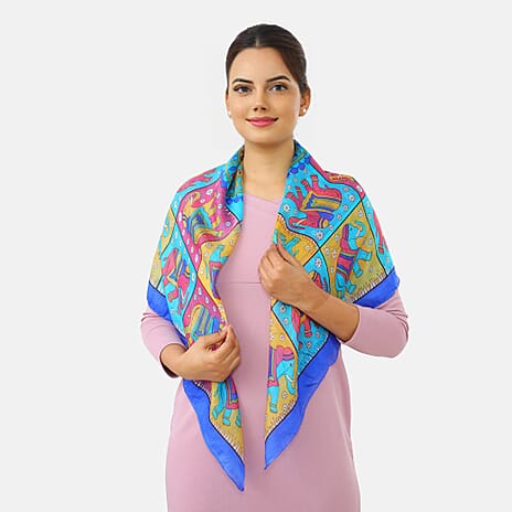 Valissiere 100% Pure Silk Elephant Print Scarf (100 x 100cm) - Light Blue