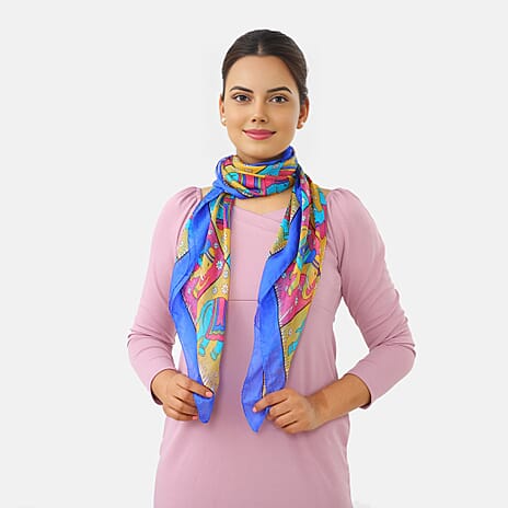 Valissiere 100% Pure Silk Elephant Print Scarf (100 x 100cm) - Light Blue