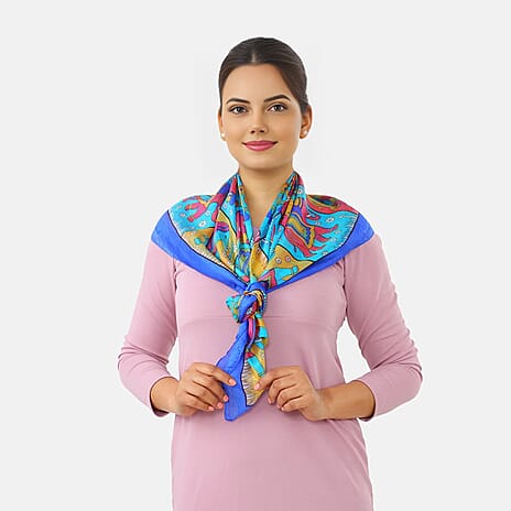 Valissiere 100% Pure Silk Elephant Print Scarf (100 x 100cm) - Light Blue