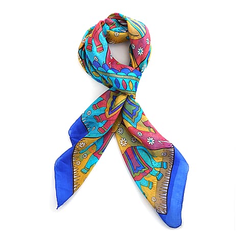 Valissiere 100% Pure Silk Elephant Print Scarf (100 x 100cm) - Light Blue