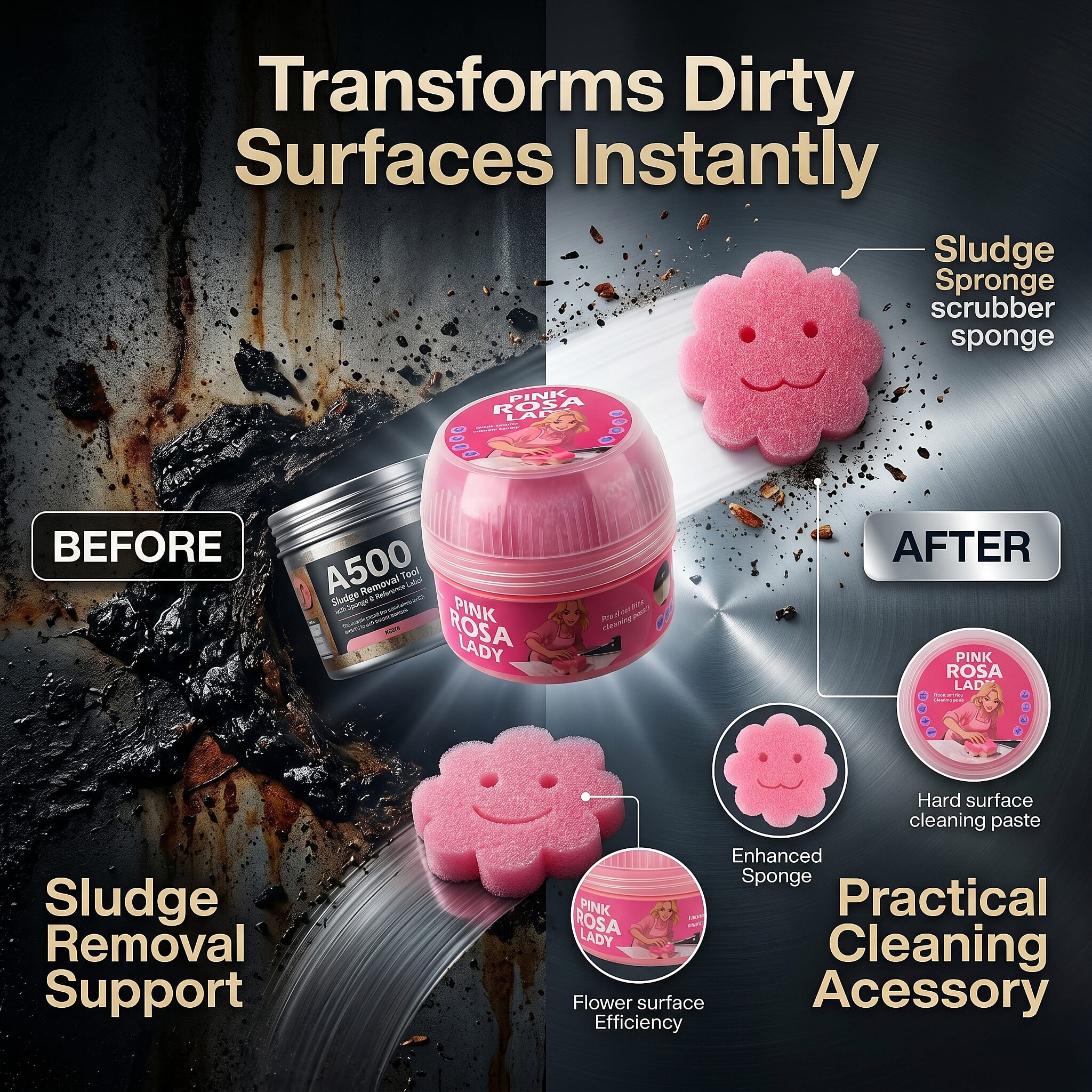 Pink Clay Hard Surface Cleaner - For Kitchens, Bathrooms, BBQs, Outdoor Furniture - Stainless Steel, Ceramic, Metal, UPVC