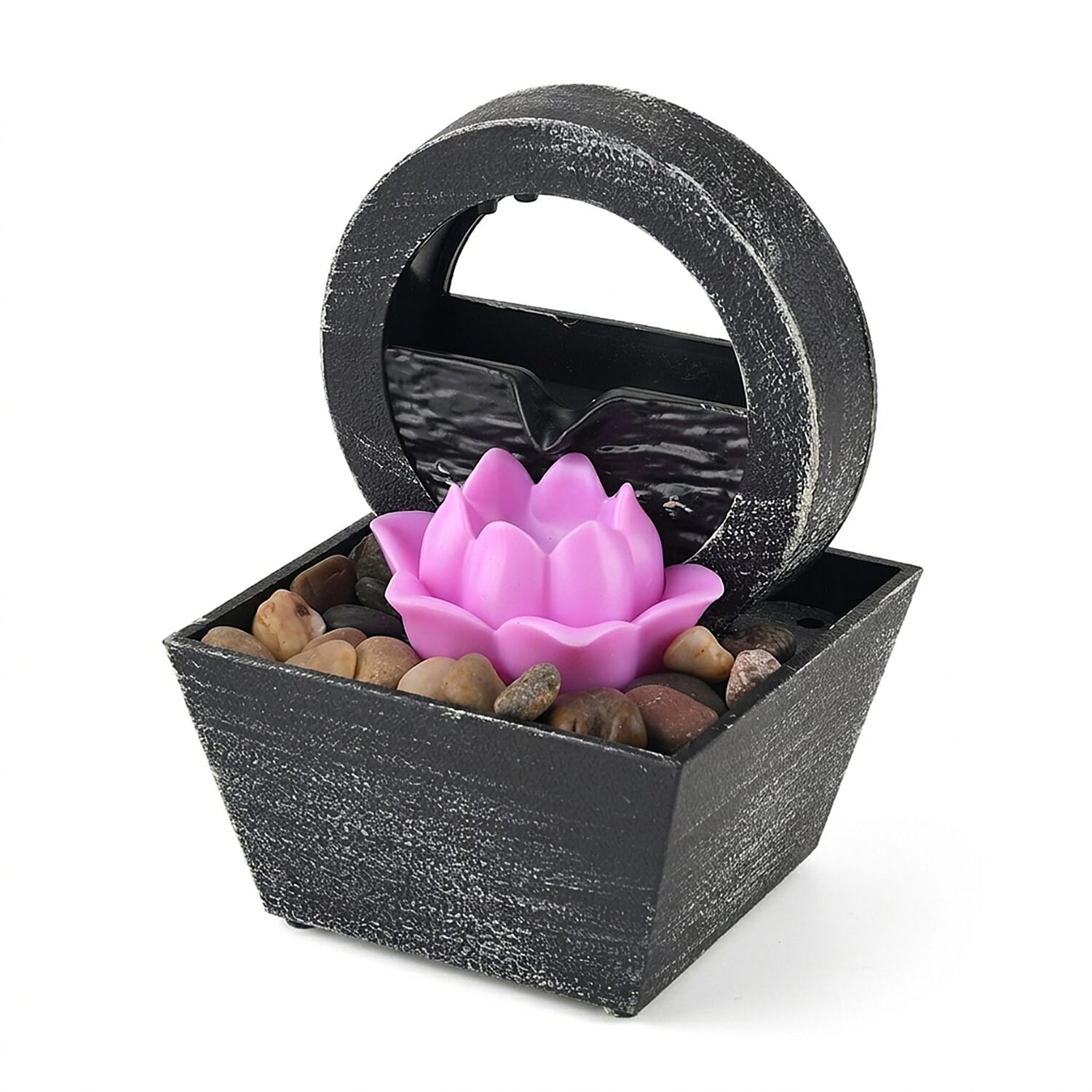Circular Wheel Pink Floral Water Flow Fountain Ornament (Size 11x11x17 cm)