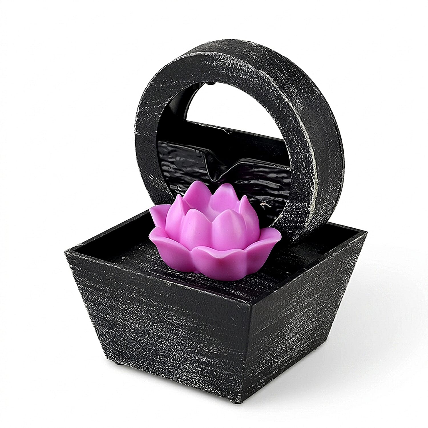 Circular Wheel Pink Floral Water Flow Fountain Ornament (Size 11x11x17 cm)