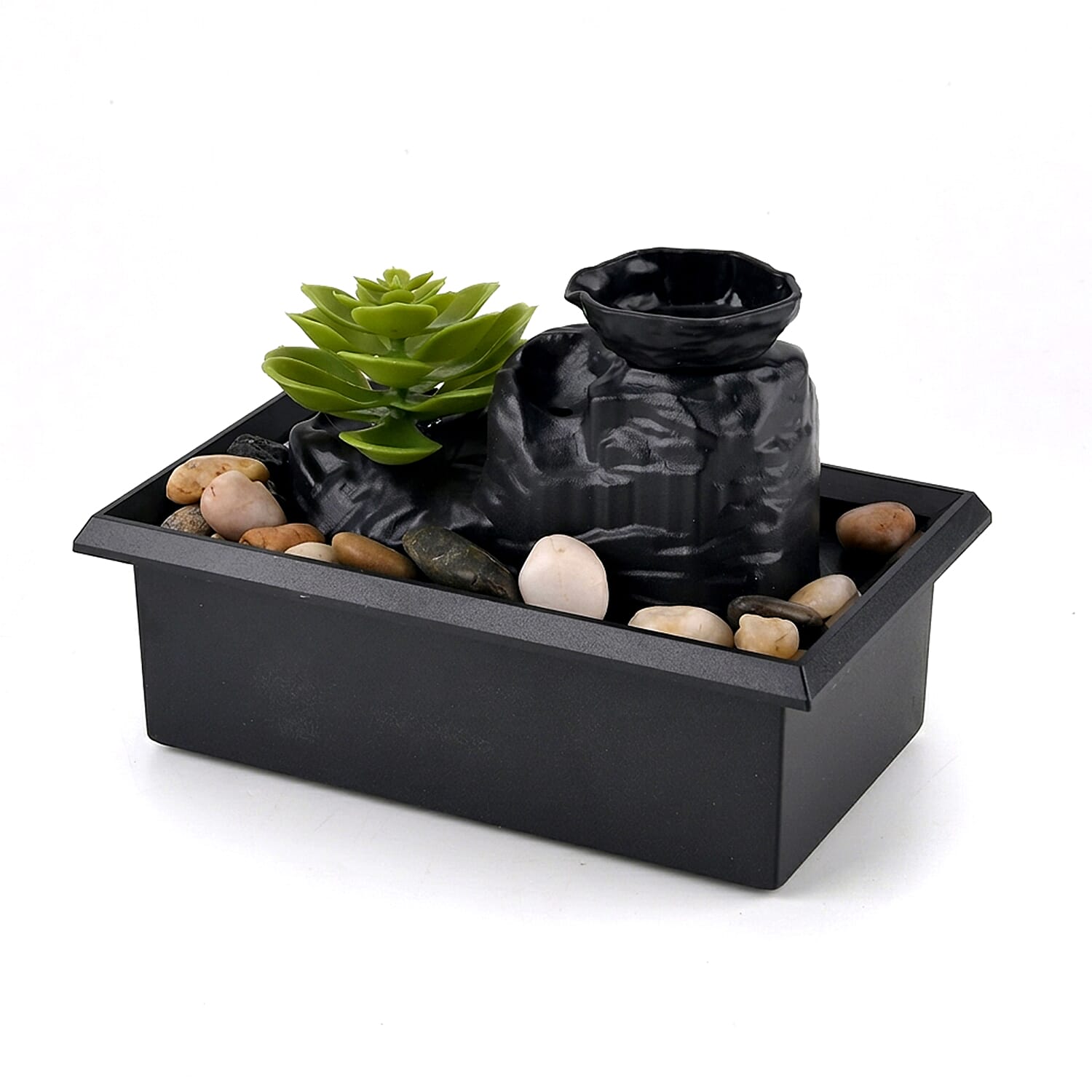 Green Lotus Flower Flat Stone Basin Water Flow Fountain Tabletop Ornament (Size 18 x 11 x 12 cm)
