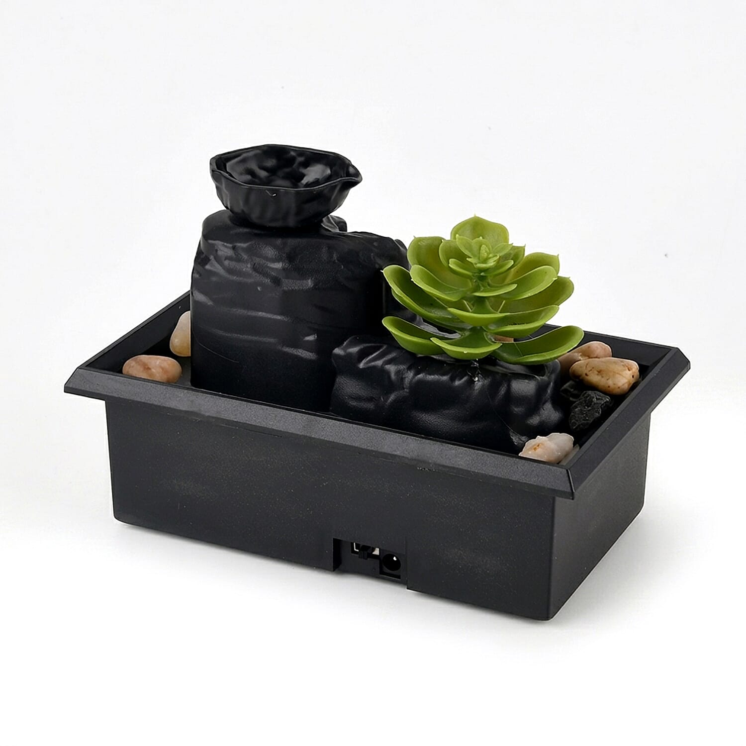 Green Lotus Flower Flat Stone Basin Water Flow Fountain Tabletop Ornament (Size 18 x 11 x 12 cm)