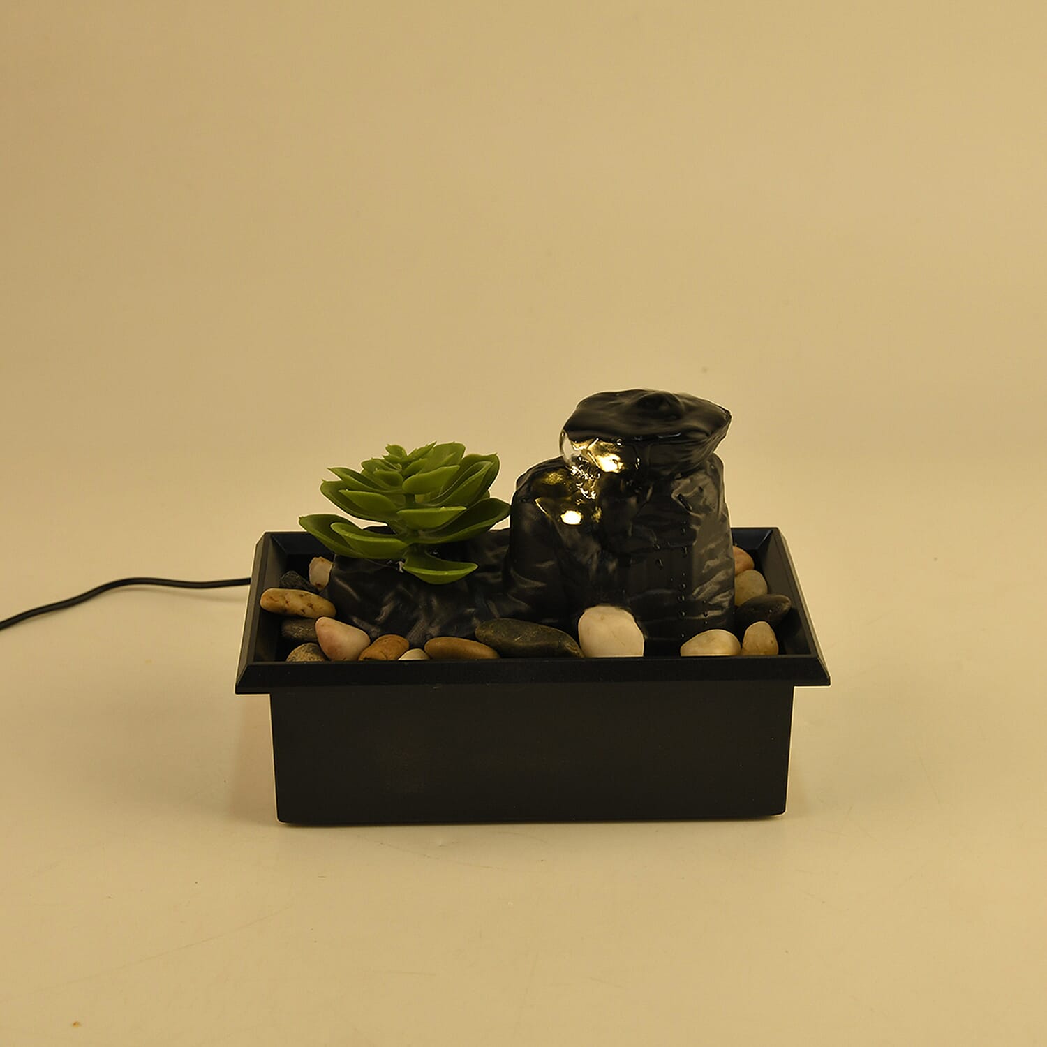 Green Lotus Flower Flat Stone Basin Water Flow Fountain Tabletop Ornament (Size 18 x 11 x 12 cm)
