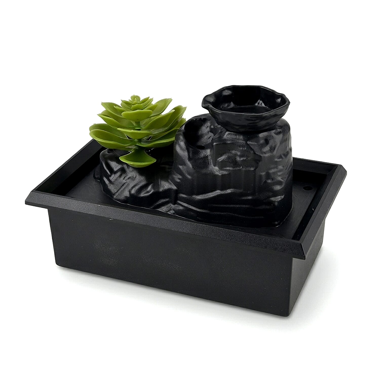 Green Lotus Flower Flat Stone Basin Water Flow Fountain Tabletop Ornament (Size 18 x 11 x 12 cm)