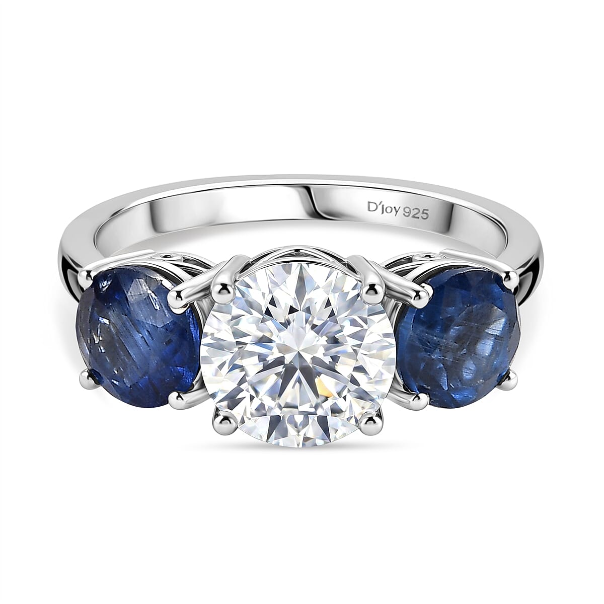 Designer Inspired- Natural Kyanite and Moissanite 3 Stone Ring in Rhodium Overlay Sterling Silver 4.03 Ct.