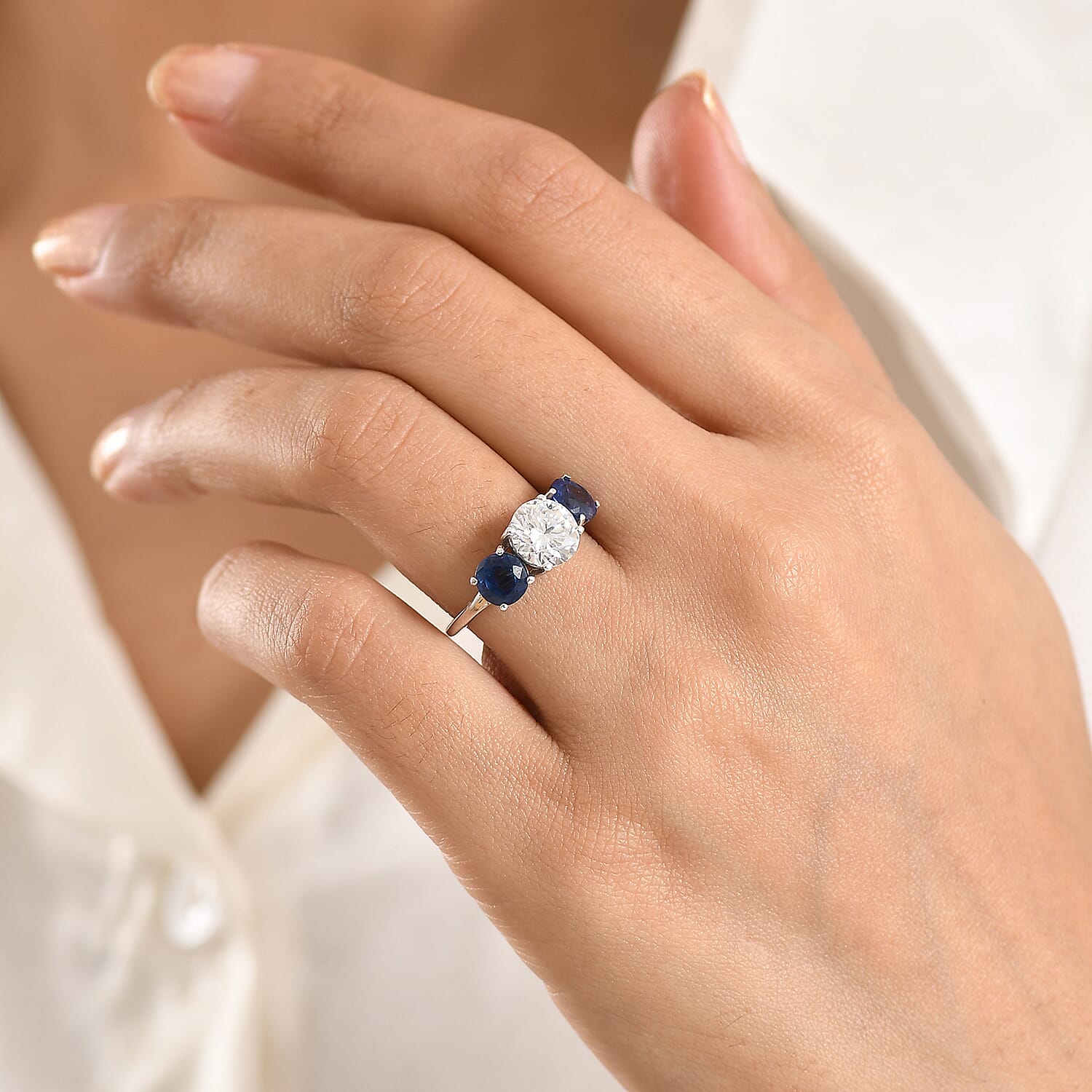 Designer Inspired- Natural Kyanite and Moissanite 3 Stone Ring in Rhodium Overlay Sterling Silver 4.03 Ct.