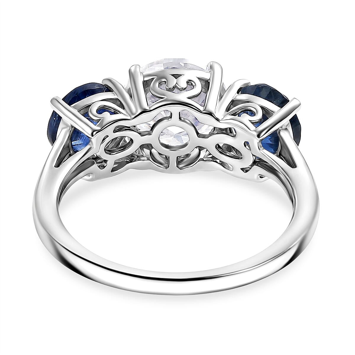 Designer Inspired- Natural Kyanite and Moissanite 3 Stone Ring in Rhodium Overlay Sterling Silver 4.03 Ct.