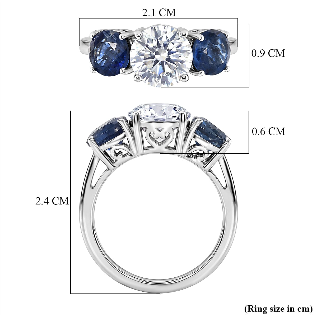 Designer Inspired- Natural Kyanite and Moissanite 3 Stone Ring in Rhodium Overlay Sterling Silver 4.03 Ct.