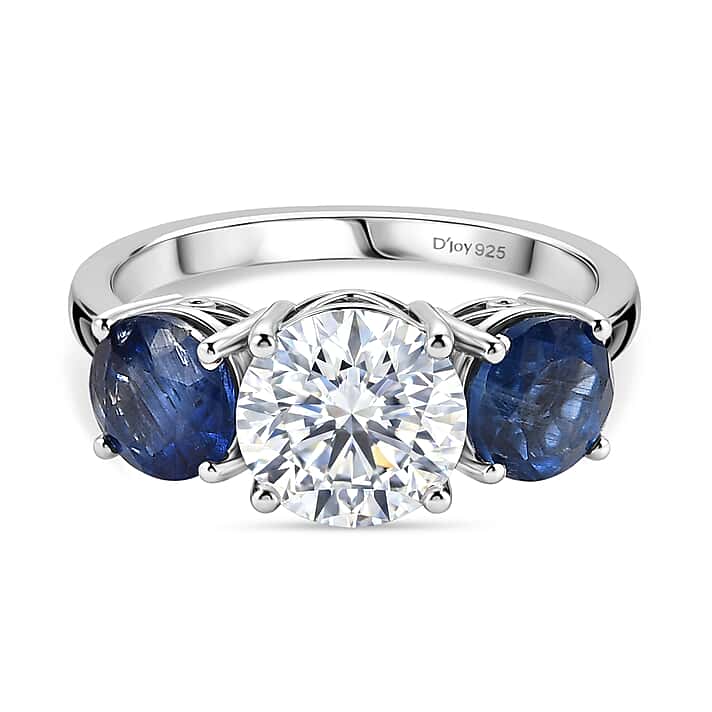 Designer Inspired- Natural Kyanite and Moissanite Ring in Rhodium Overlay Sterling Silver 4.03 Ct.