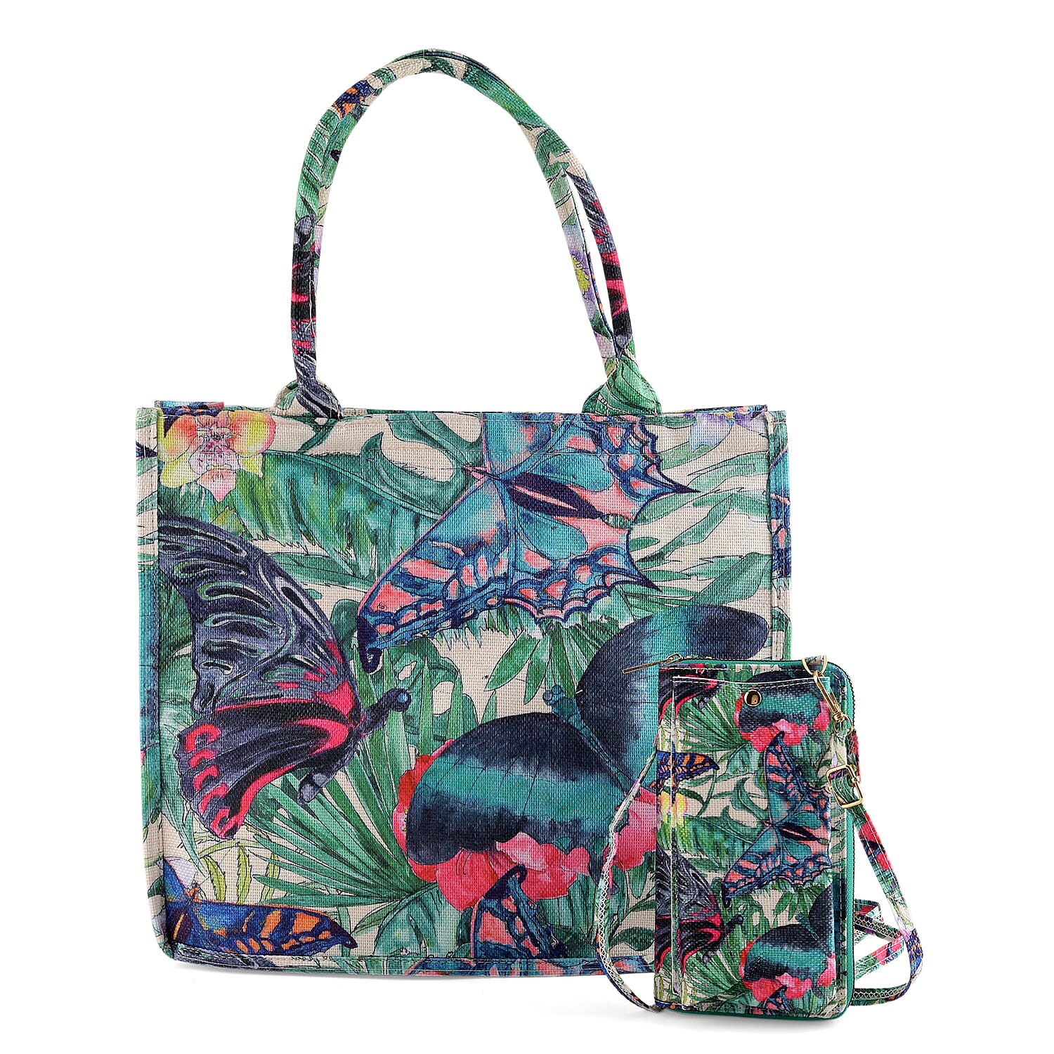 Set of 2 - Butterfly & Tropical Palm Print RFID Blocking Tote Bag & Cellphone Purse - Green & Multi