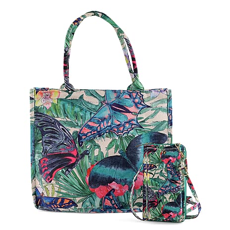 Set of 2 - Butterfly & Tropical Palm Print RFID Blocking Tote Bag & Cellphone Purse - Green & Multi