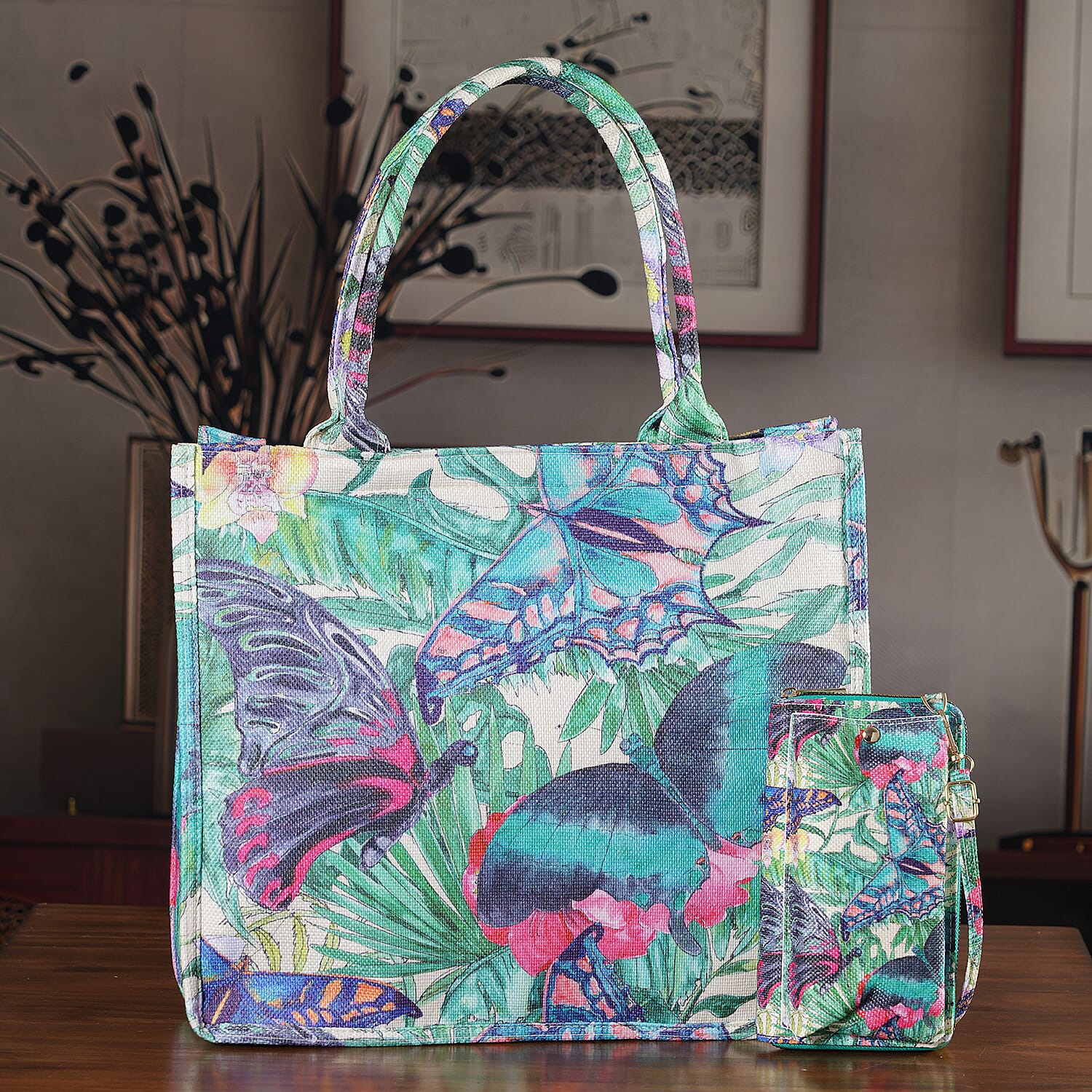 Set of 2 - Butterfly & Tropical Palm Print RFID Blocking Tote Bag & Cellphone Purse - Green & Multi