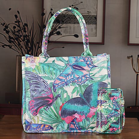 Set of 2 - Butterfly & Tropical Palm Print RFID Blocking Tote Bag & Cellphone Purse - Green & Multi