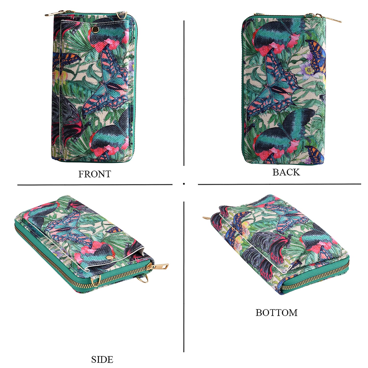 Set of 2 - Butterfly & Tropical Palm Print RFID Blocking Tote Bag & Cellphone Purse - Green & Multi
