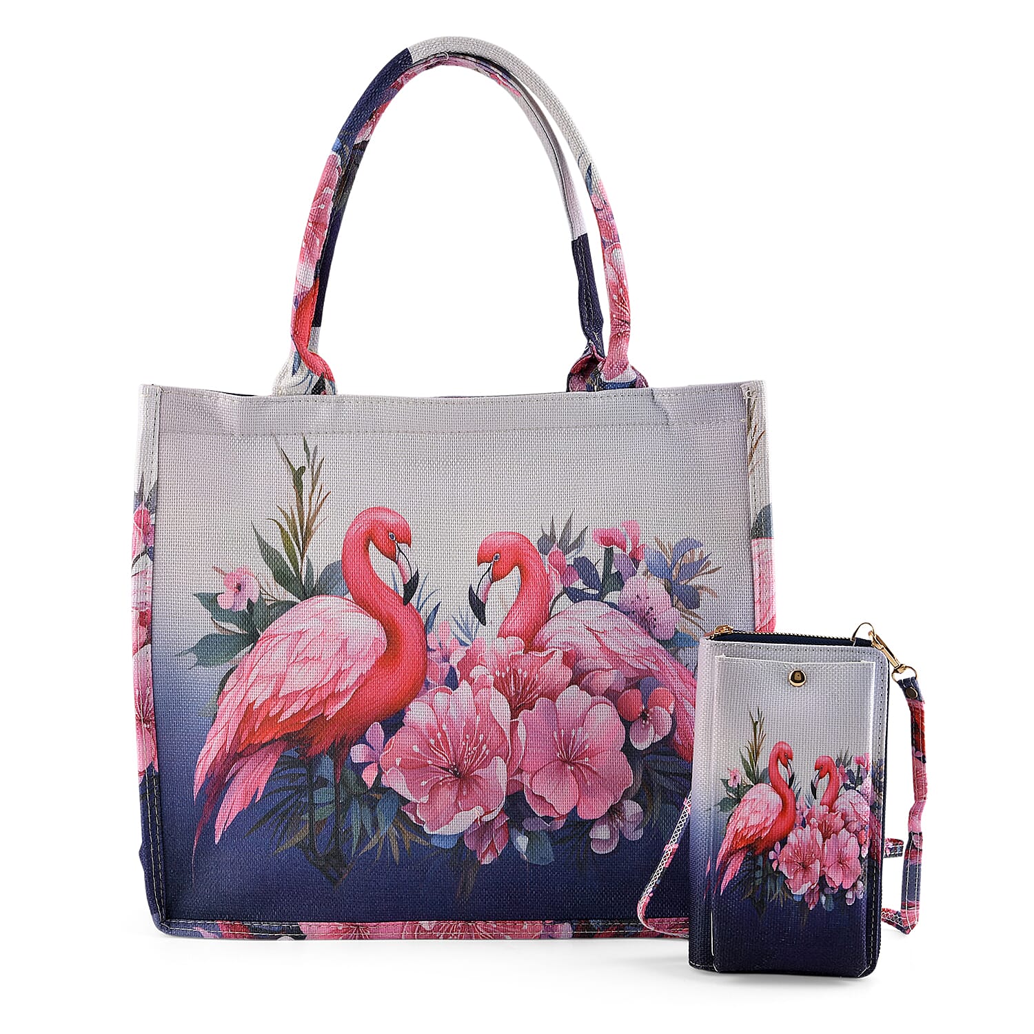 Set of 2 - Swan & Flower Print RFID Blocking Tote Bag & Cellphone Purse - Pink & Multi