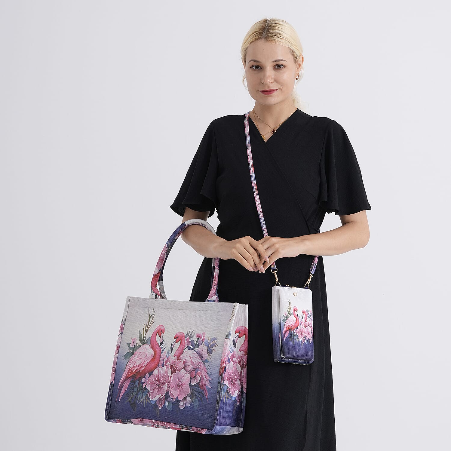 Set of 2 - Swan & Flower Print RFID Blocking Tote Bag & Cellphone Purse - Pink & Multi